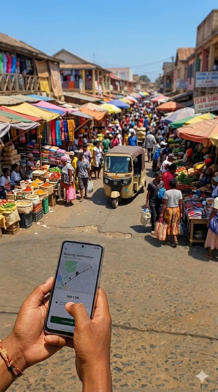 Commande d'un transport avec l'app Mora dans un marche a Madagascar